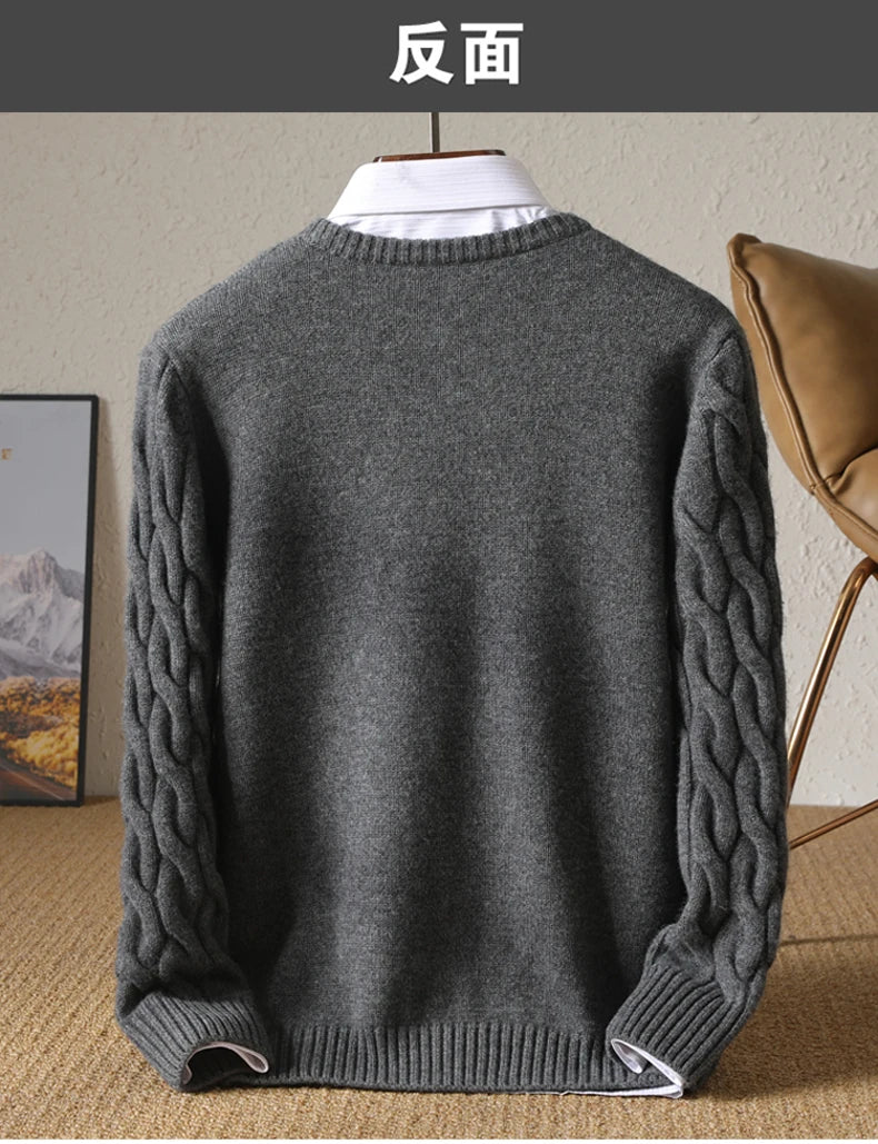Autumn Winter Thickened Cashmere Sweater 100% Merino Wool Men's Top O-Neck Twisted Pullover Knitted Loose Long Sleeve Sweater.