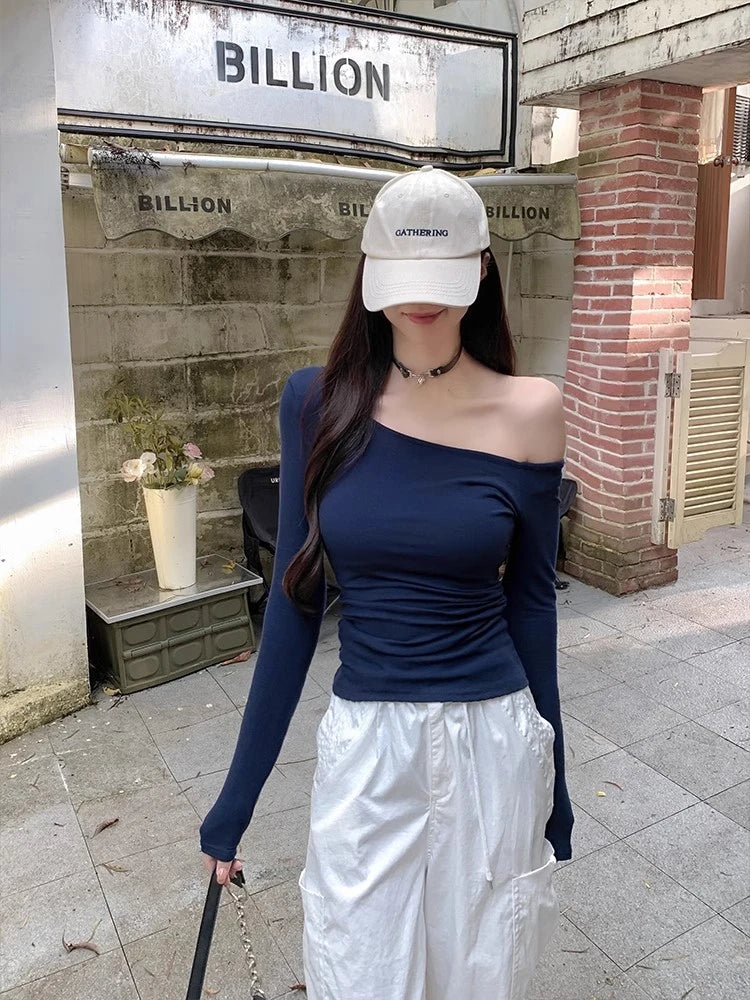 Vintage Solid Off Shoulder T Shirt Women Autumn Sexy Slash Neck tshirts Cotton Long Sleeve Chic Irregula Streetwear Slim Top Y2k.