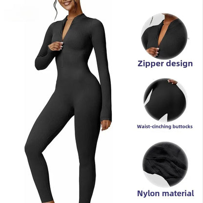 Seamless Long Sleeve Yoga Suit Waist-Fitted Shaping Trousers Casual Sports One-Piece Zippered Fitness Wear.