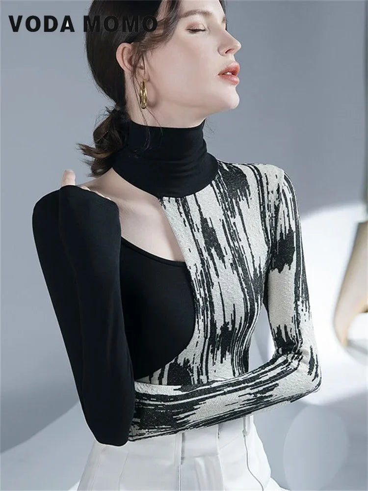 Women Design sense Printing Hollow Out Pullovers Elegant Slim Top Spring Autumn 2024 New Turtleneck Long Sleeve Fashion T-Shirts.