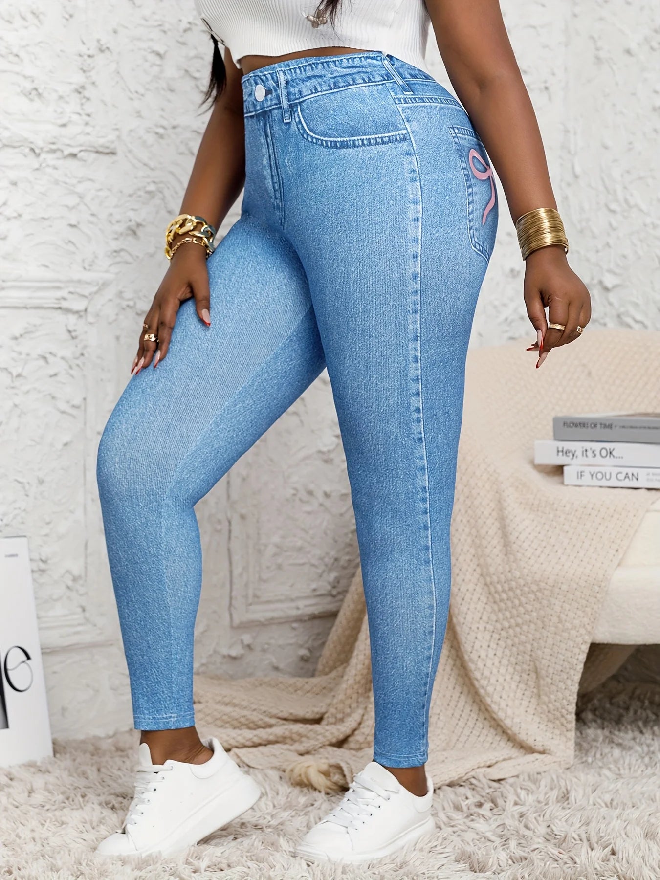 Plus Size High Waisted Skinny Jeans Faux Denim Printed Stretch Leggings Distressed Effect Women's Comfortable Fit Stretchy Pants.