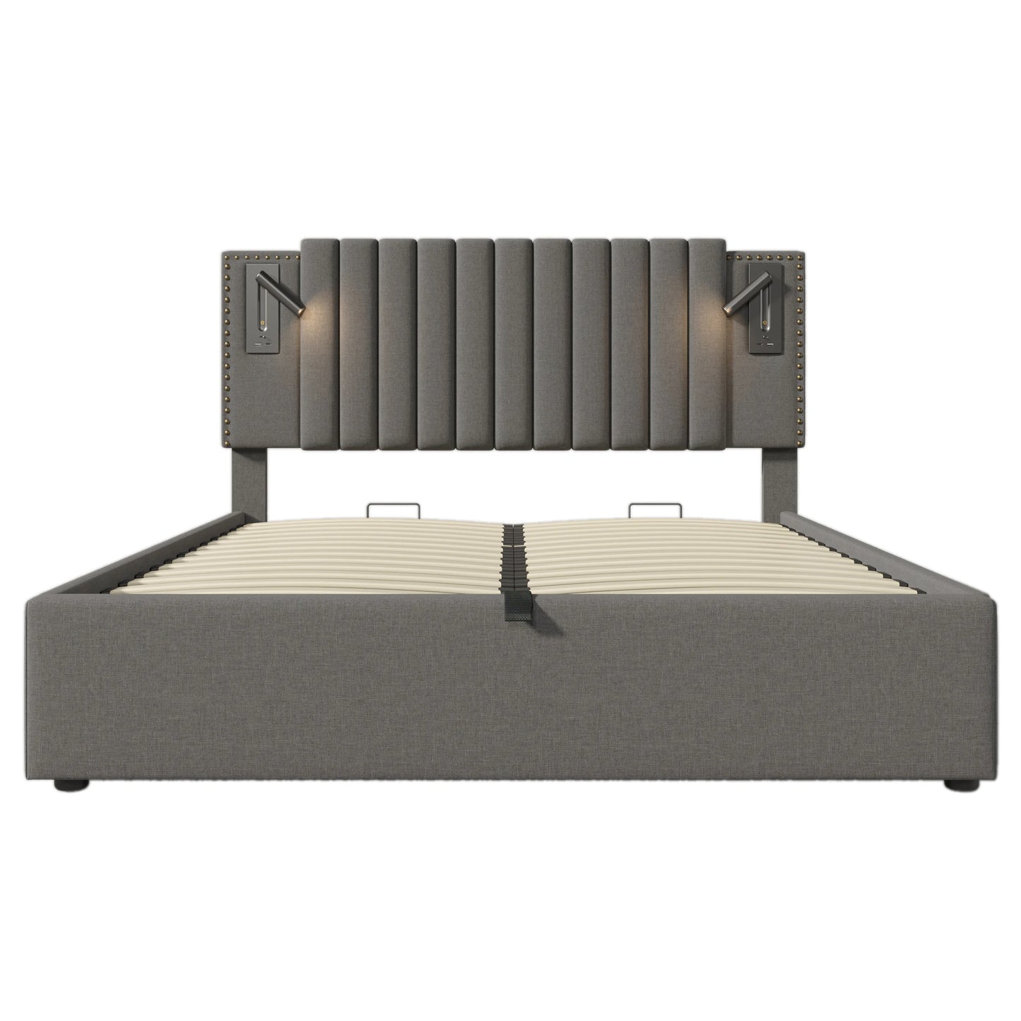 KOMHTOM Polsterbett Doppelbett, Leselicht und USB-Ladefunktion im Kopfteil, Baumwollmaterial, ohne Matratze