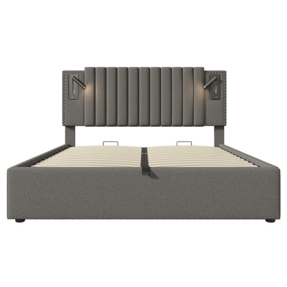 KOMHTOM Polsterbett Doppelbett, Leselicht und USB-Ladefunktion im Kopfteil, Baumwollmaterial, ohne Matratze