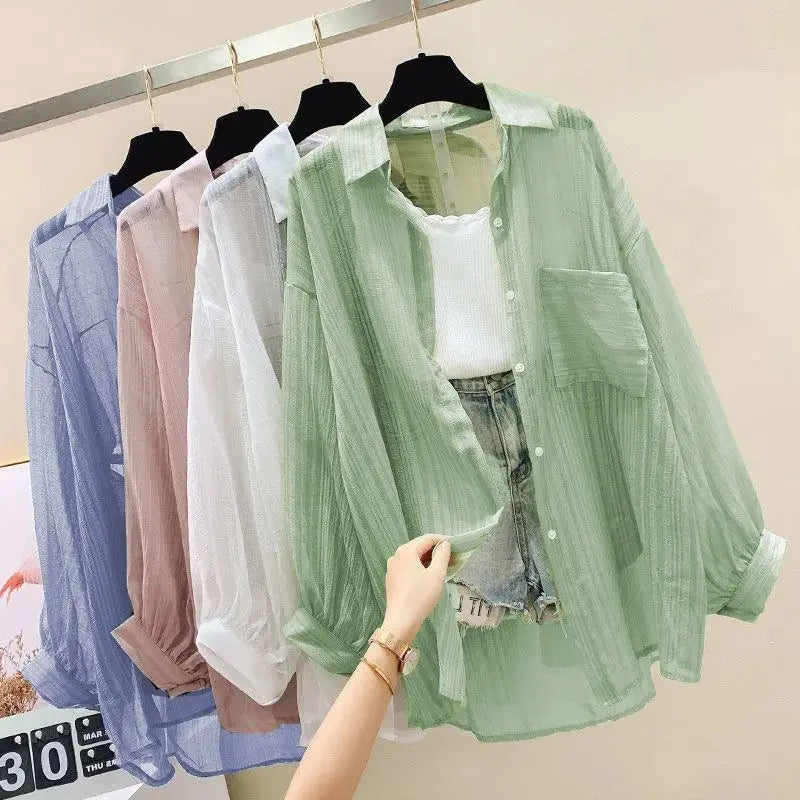 Summer Sunscreen Shirt Elegant Perspective Thin Chiffon Blouse Korean Harajuku See Through Loose Top Casual Women's Cardigan.