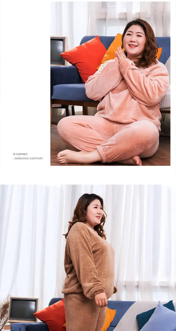 Winter Pajamas Coral Fleece Warm Pajamas Set Thick Long Sleeve Large Size 85kg Outside Pajamas Elastic Waist Trousers Pajama Set.