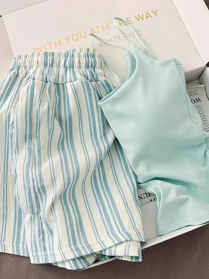 Einfarbiger Pyjama mit Brustpolstern, gestreifte Shorts für Damen, Sommer, dünne Leibchen-Shorts, Loungewear, großer Pyjama, zweiteiliges Set