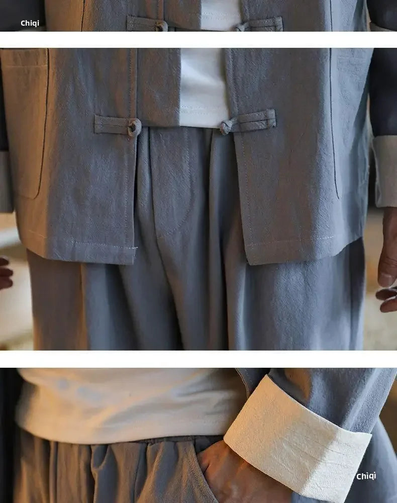 Traditional Chinese Men's Tang Suit Cotton Linen Ancient Costume Tea Servant Zen Meditation Clothing Middle Mountain Hanfu.