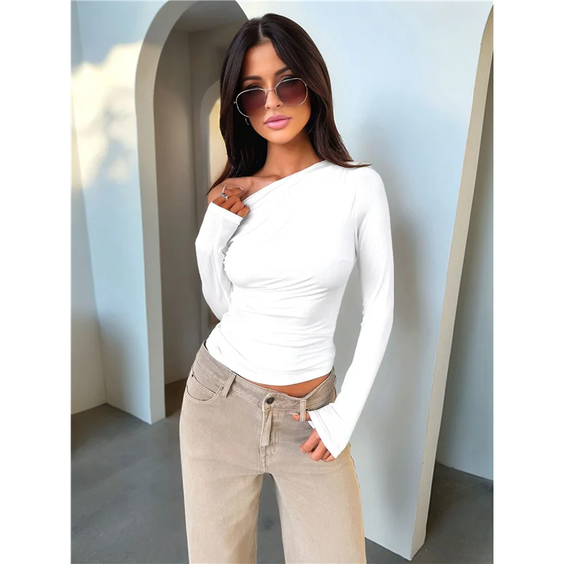 Women's Off Shoulder Tops Dressy Long Sleeve Asymmetrical Slim Fit Going Out Fall Blouse Ruched Shirts.