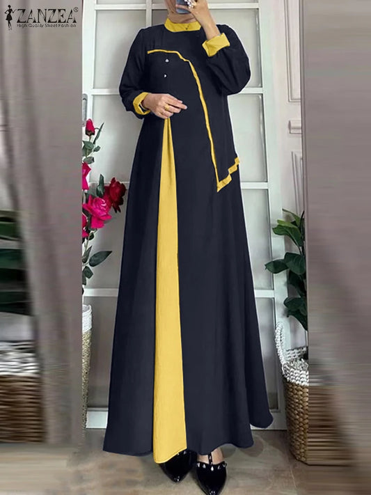 ZANZEA Women Autumn Patchwork Long Sleeve Maxi Dresses Muslim Turkey Abaya Dress Hijab Sundress Robe Femme Loose Vestidos Kaftan.