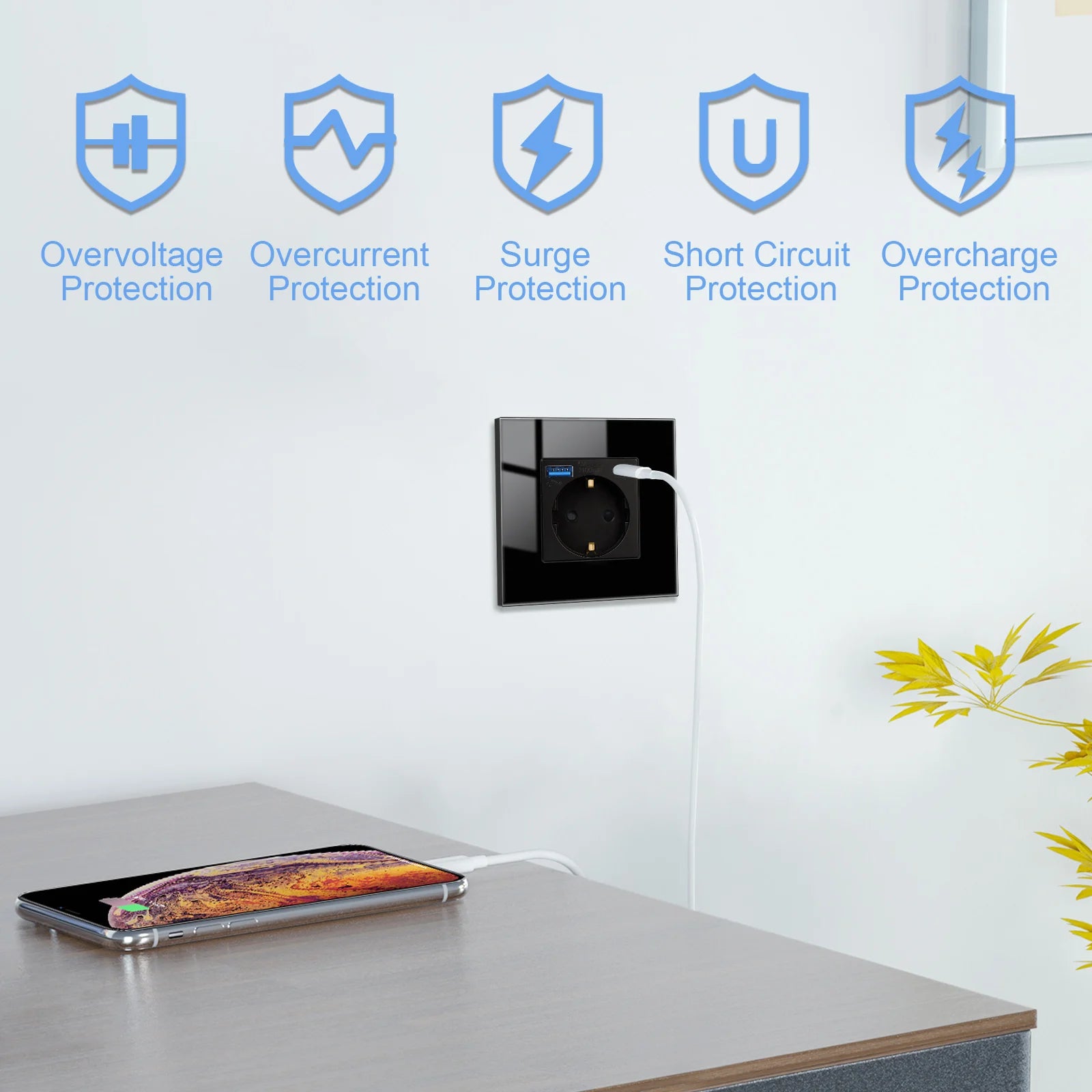 Bingoelec Wandsteckdose, Touch-Lichtschalter mit USB, 20 W, Typ C, Schnellladesteckdose, Glasscheibe, EU-Standard-Steckdosen.