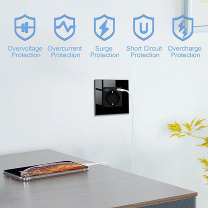 Bingoelec Wandsteckdose, Touch-Lichtschalter mit USB, 20 W, Typ C, Schnellladesteckdose, Glasscheibe, EU-Standard-Steckdosen.