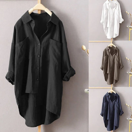 S-5XL Button Up Shirts Women Oversized Summer Autumn Cotton Linen Blouses Fashion White Casual Loose Solid Rollable Sleeve Tops.