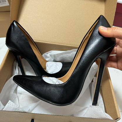 Tikicup Plus Size 40-48 Solid Black 15cm Extremely High Heel Pointy Toe Stiletto Pumps Slip On Crossdress Gragon Queen Shoes.