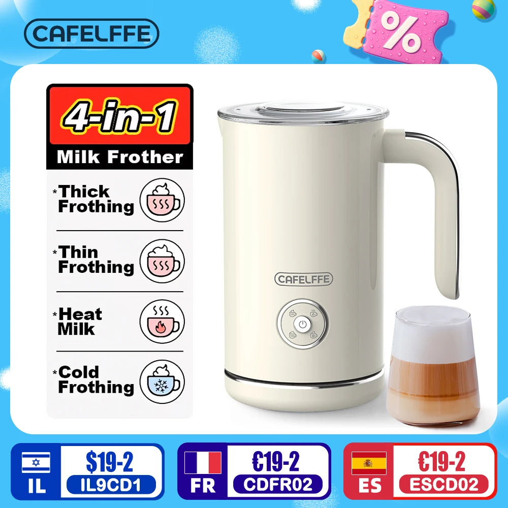 Cafelffe 4in1 Electric Milk Frother Frothing Foamer Chocolate Mixer Cold/Hot Latte Cappuccino Automatic foam milk heater Warmer.