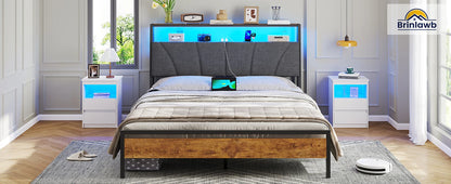 Metallbettgestell 140 x 200 cm mit LED-Beleuchtung, Kopfteil und Ladestation, integriertes Metallbett 140 x 200 mit Gitterbraten