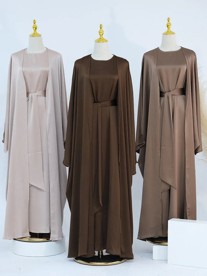 Muslim Turkish Women Arabic Dubai Abaya Long Dress Modest Ramadan Robe Liner Dress Kaftan Two-Piece Set Femme Islam Clothing Set.