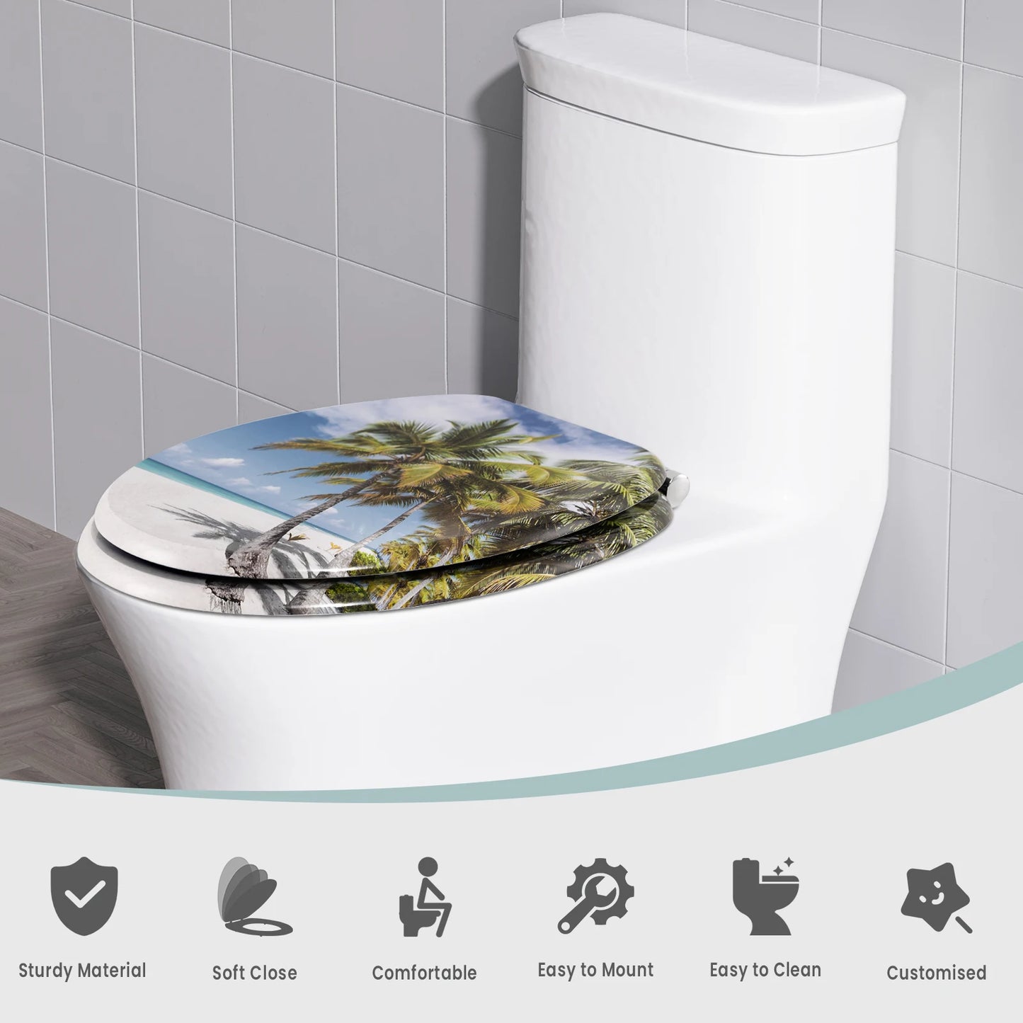 O-förmiger Toilettensitz, verstellbare Scharniere, Toilettendeckel mit Motiv, Soft-Close-Mechanismus für Badezimmer