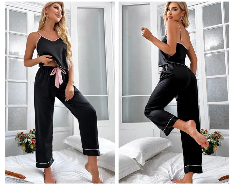 Lässige Eis Seide Home Kleidung Hosenträger Hosen Pyjama Frühling und Sommer binden dünne gerade Bein Hosen Set.