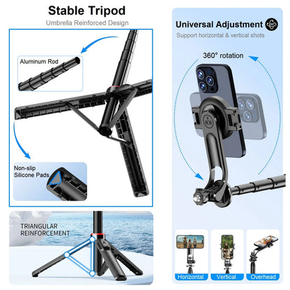 Magnetic Selfie Stick Tripod for iPhone, 51" Phone Tripod Stand Compatible with Magsafe Travel Tripod for iPhone Android Phones.