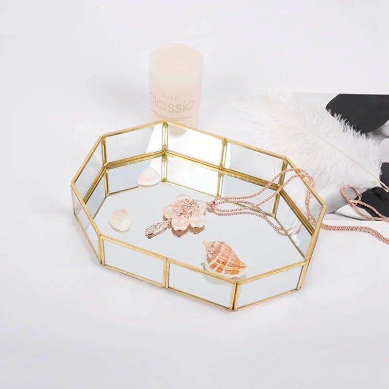 Storage Glass Storage Tray Home Kitchen Golden Tray Simple Jewelry Cosmetic Decoration Retro Copper Tea Storage Trays.