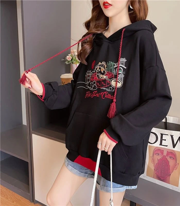 Embroidered Hoodies Sweatshirt for Women Chinese Style Cheap on Promotion Y 2k Vintage Coat Spring and Autumn Woman Hooded Tops.