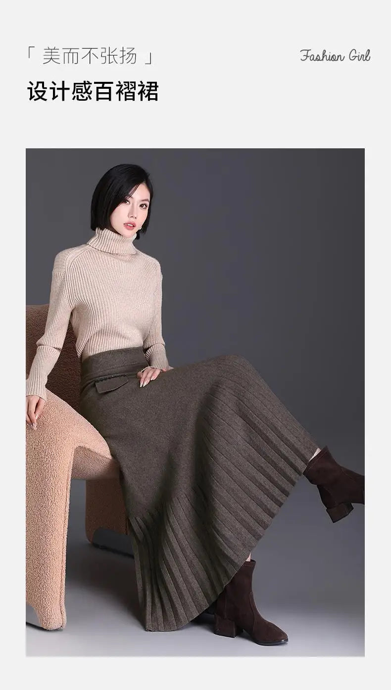 Temperament Autumn Winter New Skirts Women Solid High Waist Pleated Fashion Office Lady A-line Mid-length Knitting Pleated Skirt.