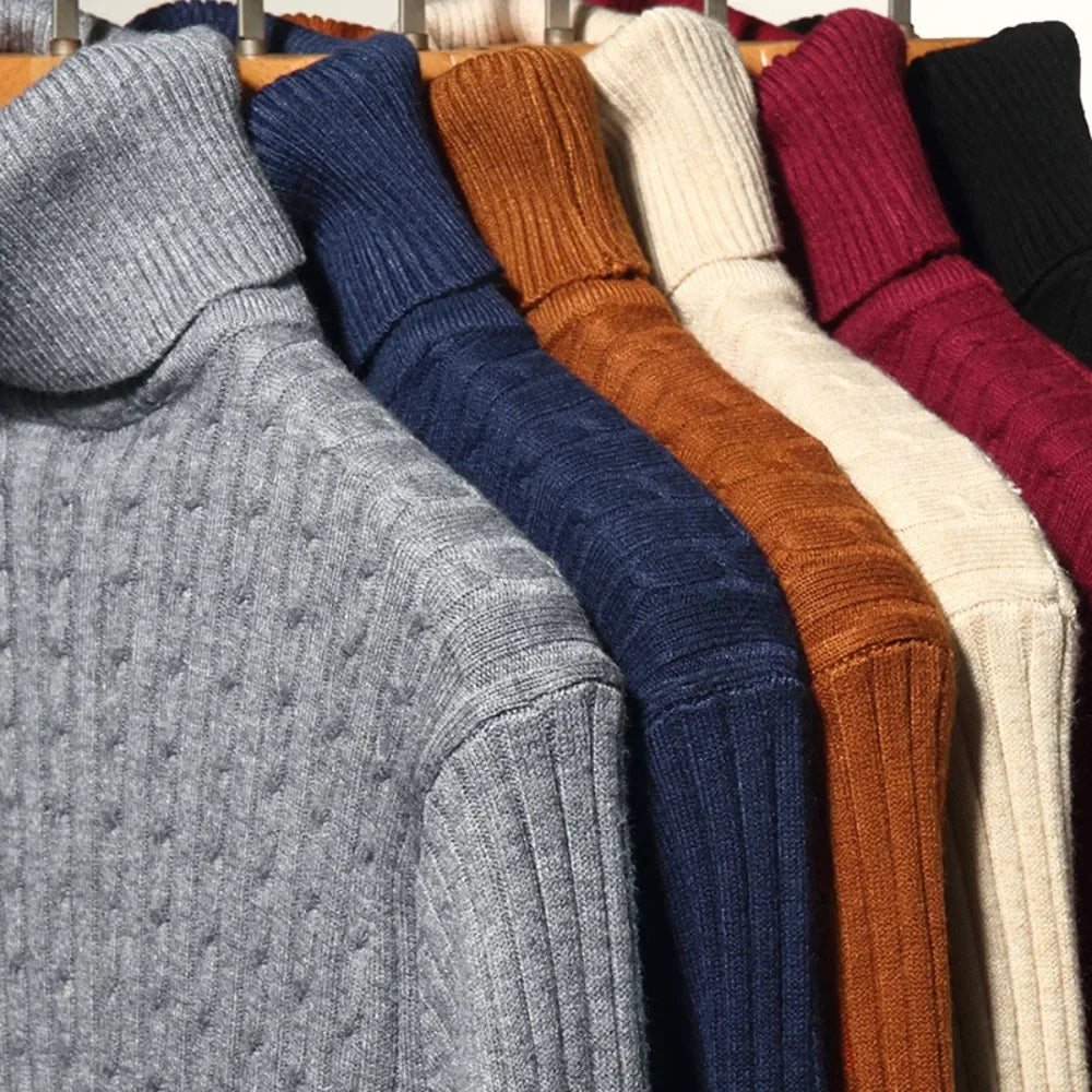 New Men's Turtleneck Sweaters Autumn Knitted Striped Streetwear Warm Long Sleeved Pullover Solid Color Basic Style Casual Tops.