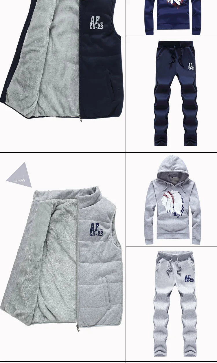 3 Pieces Set Hoodies+Vest+Pants Casual Men's Track Suit Clothing Coats Winter Thick Warm Tracksuit for Men Printed Mens Set Vest