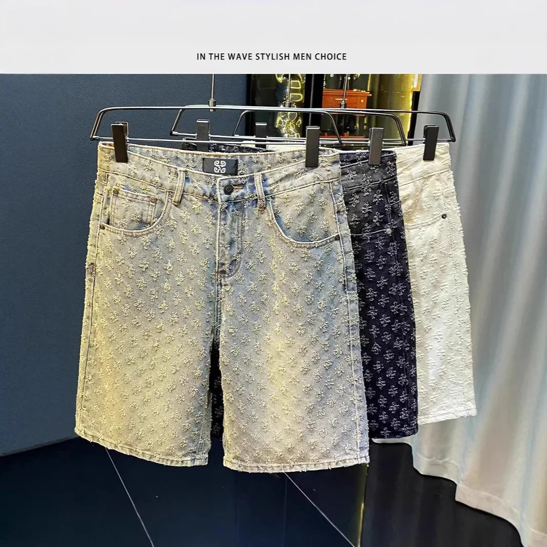 Retro American Casual Vintage Worn Short Jeans Men Straight Loose High Street Five-Point Pants Summer 2025 Distressed Denim.