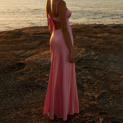 Combhasaki Damen-Kleid, elegant, einfarbig, verstellbar, dünn, Schultergurte, Ausschnitt, zum Binden vorne, rückenfrei, Sommer, langes Cami, seidiges Kleid