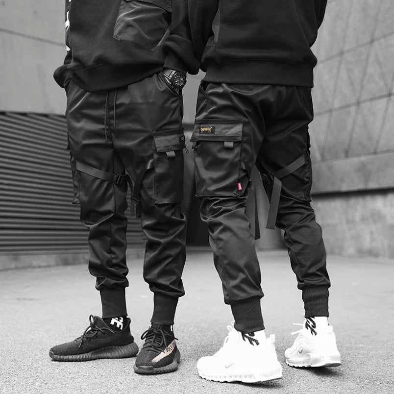 2025 Multi-pockets Ribbons Bandage Tactical  Techwear Cargo Pants Mens Harajuku Punk Hip Hop Joggers Pantalons Casual Streetwear.