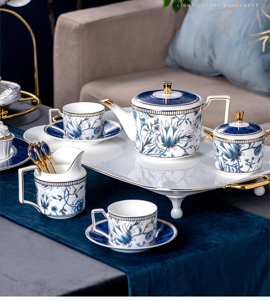 Elegant Cup and Saucer Set Bone China Sugar Jar Milk Jug Coffee Pot Set Cyan Magnolia Home English Mug Teaset Dessert Plate.