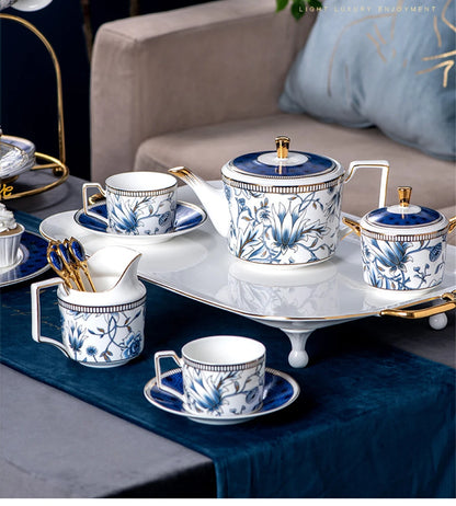 Elegant Cup and Saucer Set Bone China Sugar Jar Milk Jug Coffee Pot Set Cyan Magnolia Home English Mug Teaset Dessert Plate.