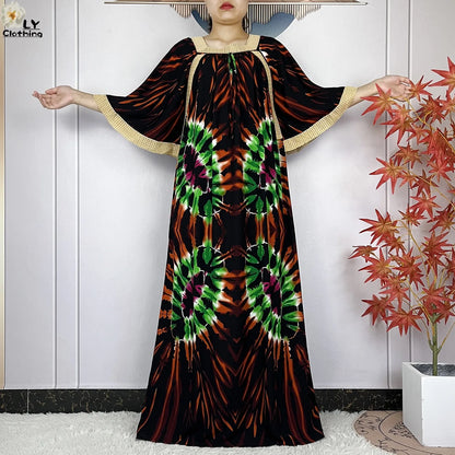 New Muslim Dress Woman Short Sleeve Dashiki African Abaya Tie-dyed Printing Cotton Loose Femme Robe Islamic Dresses With Scarf.