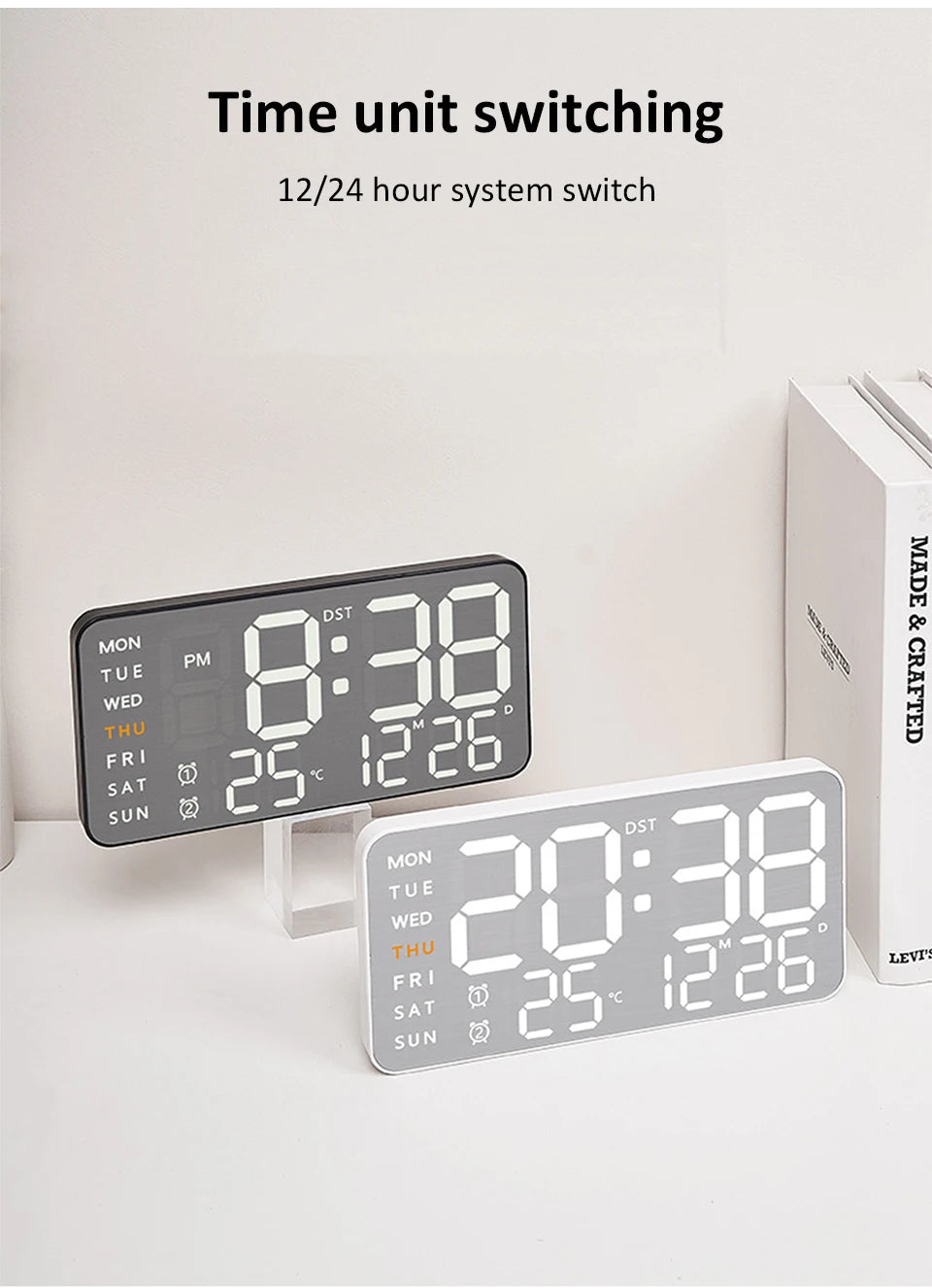 Wanduhr mit Spiegel-Bürsten-Finish, Premium-Gefühl, geräuschlos, Wanduhr, Tischwecker, Temperaturanzeige, Schlafzimmer, Büro, Wohnzimmer, Dekoration