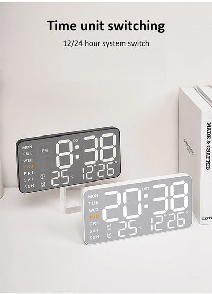 Wanduhr mit Spiegel-Bürsten-Finish, Premium-Gefühl, geräuschlos, Wanduhr, Tischwecker, Temperaturanzeige, Schlafzimmer, Büro, Wohnzimmer, Dekoration