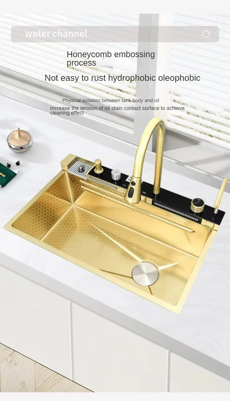 Gold Kitchen Sink Stainless Steel Sink Digital Vegetable Washing Basin, Atmosphere Light, Kitchen Large Single Sink 75cmX46cm
