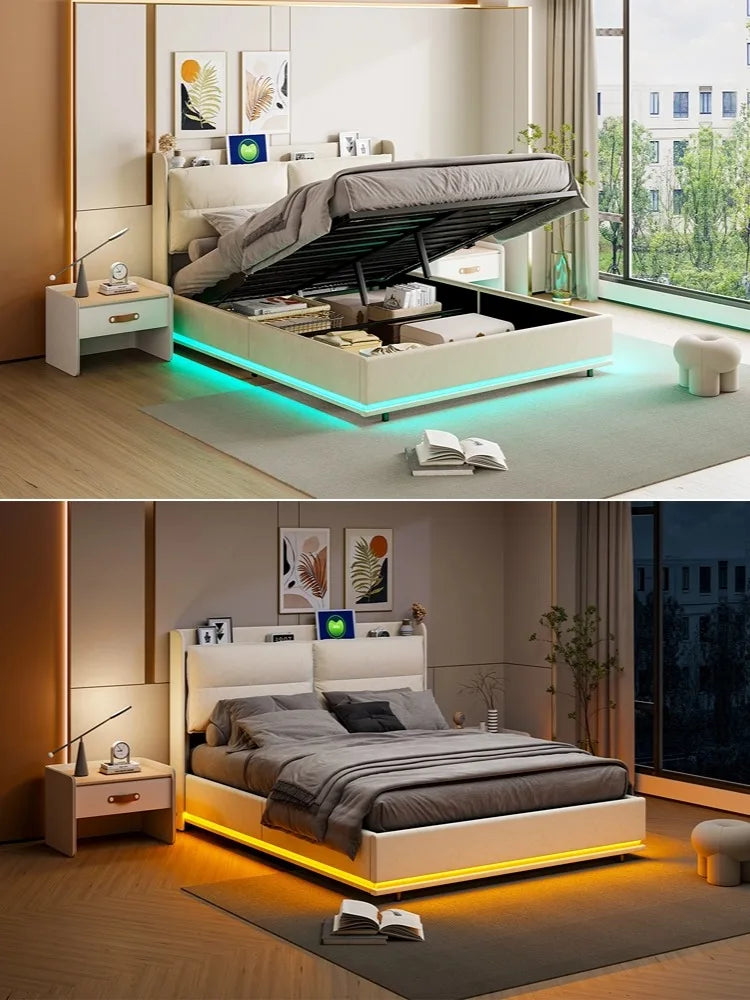 Creahappy – Weich gepolstertes Bett – Doppelbett – mit LED-Leuchten und USB-Ladefunktion – Stauraumbett mit Luftdruckstange
