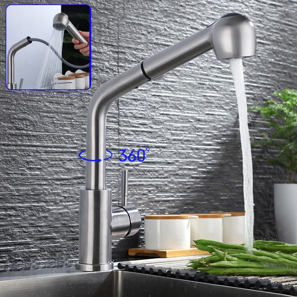 360° Rotating Retractable Sink Faucet Hot and cold Water Button Ceramic Valve Kitchen Stainless Steel Faucet with Shower