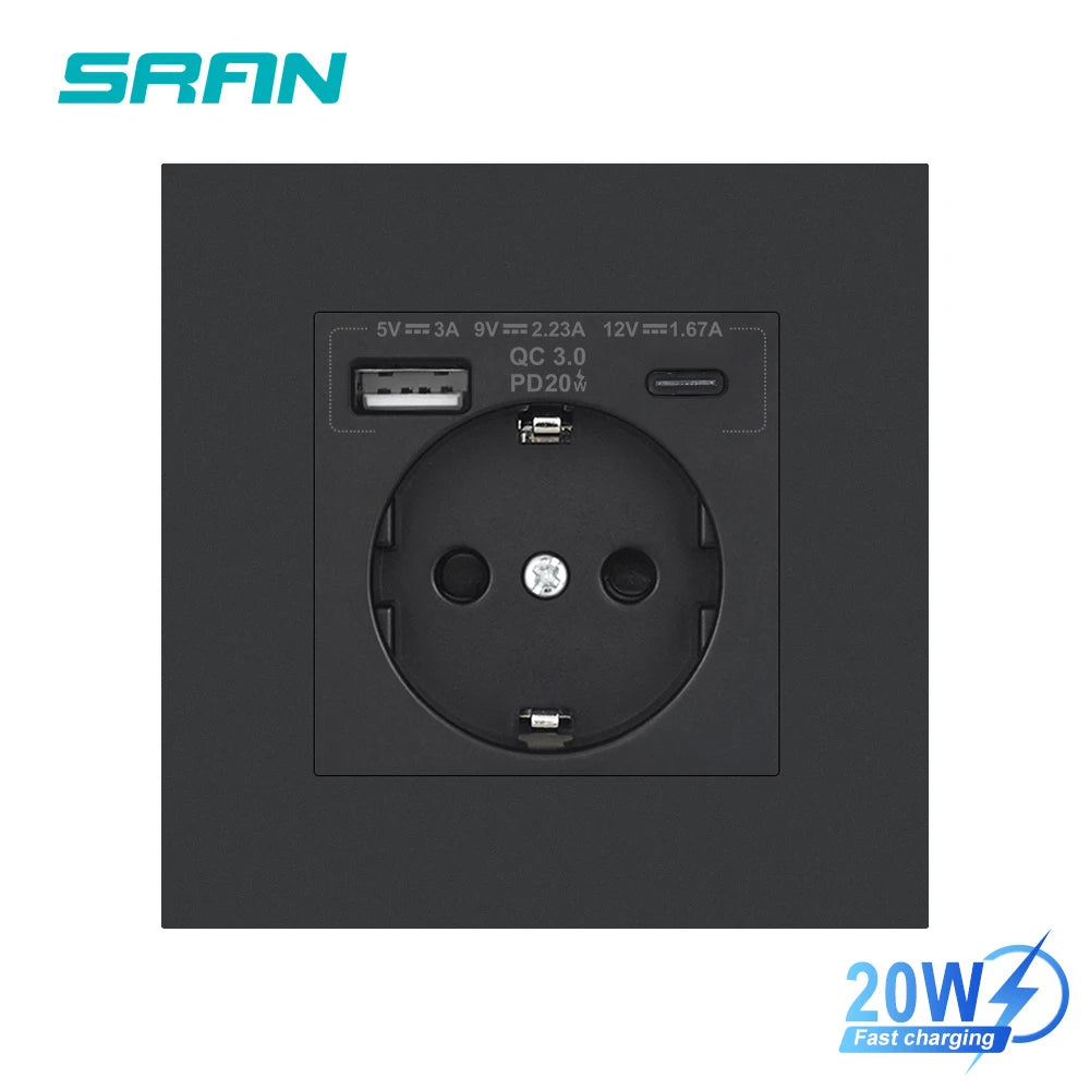 SRAN EU-Standard-Wandsteckdose mit USB und Typ-C 20 W Schnellladung, 5 V/2 A Doppelanschlüssen, 86 x 86 mm flammhemmendes Panel, CE-zertifiziert