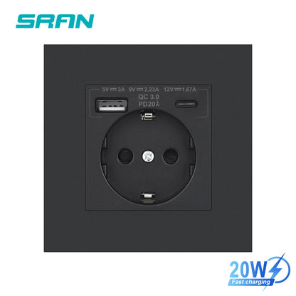 SRAN EU-Standard-Wandsteckdose mit USB und Typ-C 20 W Schnellladung, 5 V/2 A Doppelanschlüssen, 86 x 86 mm flammhemmendes Panel, CE-zertifiziert