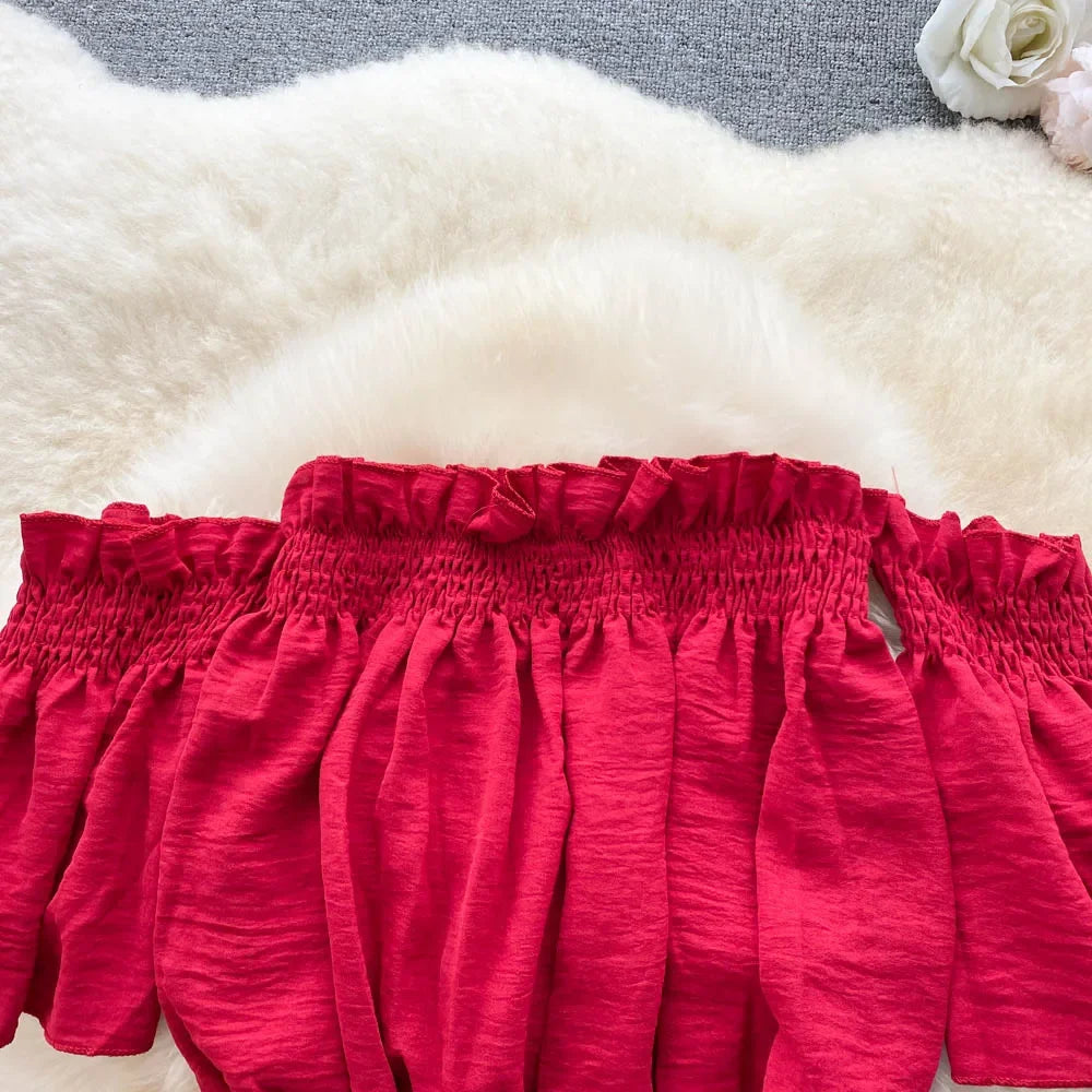 2024 Summer Green/Black/Red Two Piece Set Women Sexy Slash Neck Short Tops + High Waist Wide Leg Pants Female Suit New.