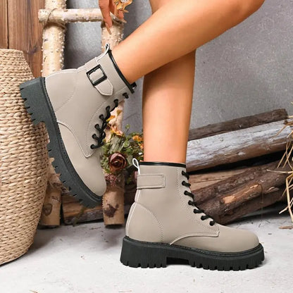 Chunky Platform Thick Heel Pink Ankle Boots Women 2025 Winter Punk Thick Bottom Lace Up Motorcycle Boots Metal Buckle Booties.