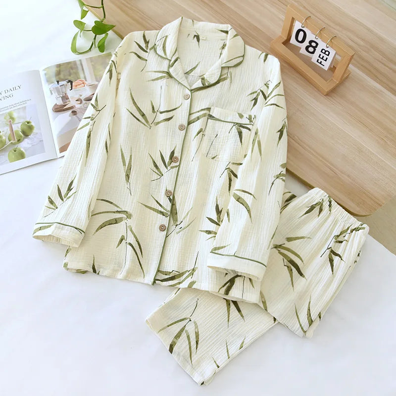 2025 Spring and Autumn Women's Pajama Set 100% Cotton Crepe Long sleeved Pants Two piece Cute and Sweet Home Fury Set Ladies