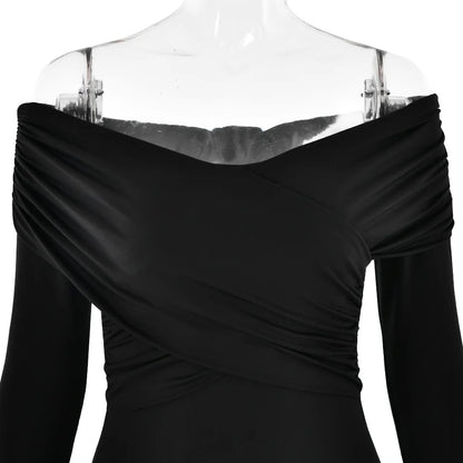 Cryptographic Fashion Off Shoulder Ruched Wrap Bodysuits Outfits for Women Elegant Skinny One Piece Long Sleeve Tops Solid.