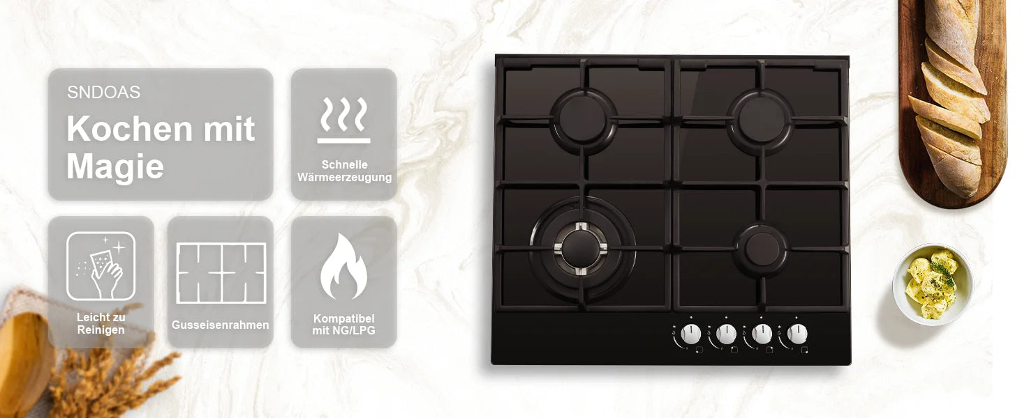 ‌58cm Gas Hob | 4 Burner Dual Fuel (NG/LPG) 8060W Auto Flame Shut-off & Tempered Glass Surface | Built-in/Freestanding 220-240V.