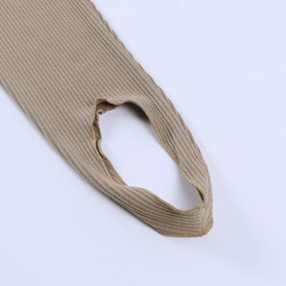 Beige Ribbed Knit Leggings Women High Waist Cotton Fitness Basic Pants Casual Spring New All-Match Female Skinny Leggings