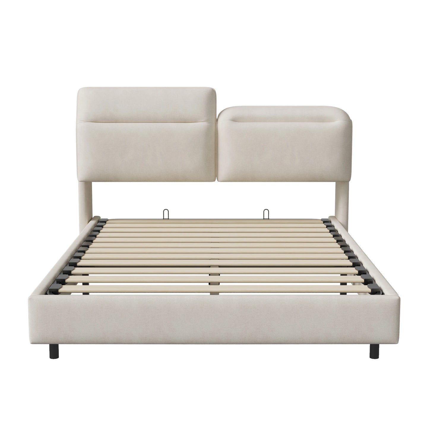 Creahappy – Weich gepolstertes Doppelbett – mit faltbarem, verstellbarem Kopfteil – hydraulischer Stangenbettrahmen – LED-Streifenbeleuchtung unter dem Bett