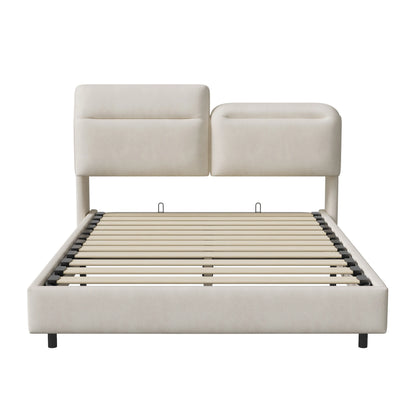 Creahappy – Weich gepolstertes Doppelbett – mit faltbarem, verstellbarem Kopfteil – hydraulischer Stangenbettrahmen – LED-Streifenbeleuchtung unter dem Bett