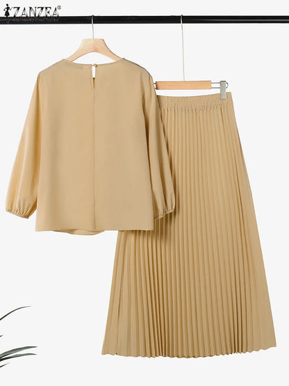 2025 ZANZEA 2PCS Autumn Outfits Casual Long Sleeve Tops Dress Suit Elegant Women 2 Piece Sets Muslim Tracksuits OL Matching Sets.